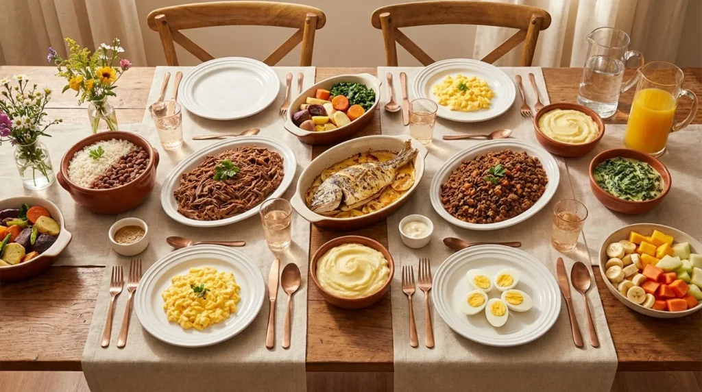 alimentos seguros para aparelho como arroz, feijão, peixe, ovos, frutas macias, pures, carnes e legumes cozidos